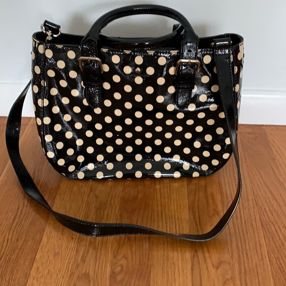 Kate Spade Black Patent Cream Polka Dot Tote Bag